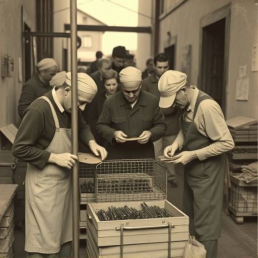 Archival photo of Czech workers from the mid-20th century, representing the origins of the pension system.