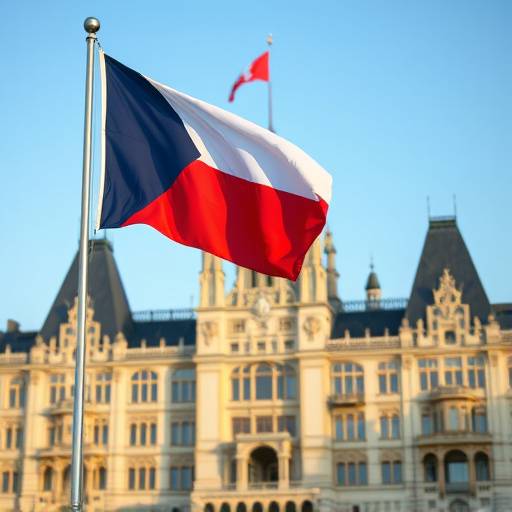 Czech flag waving in front of the Czech Parliament building, symbolizing pension policy discussions.